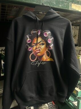 Her Graphic Black Hoodie with Roller Girl Portrait
